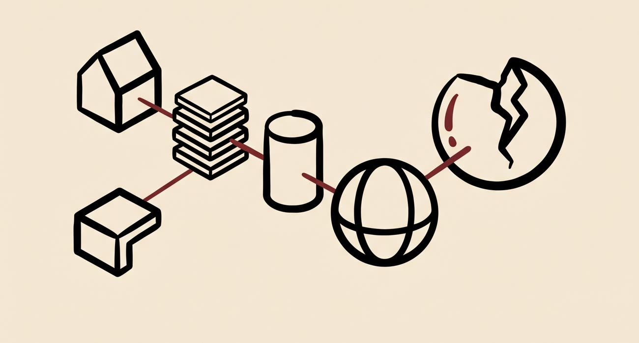Abstract line illustration: a house, a stack of tiles, a cylinder, a sphere and a cracked sphere connected left to right by red lines.