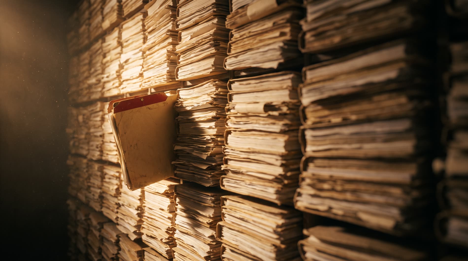A wall of aged manila file folders stacked floor to ceiling in warm directional light, one folder with a red tab pulled slightly forward.