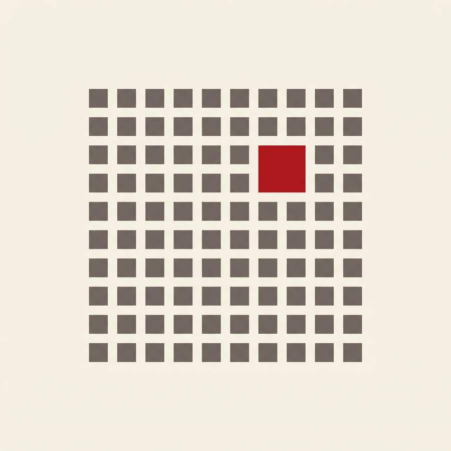 A ten by ten grid of grey squares with a single red square breaking the pattern.